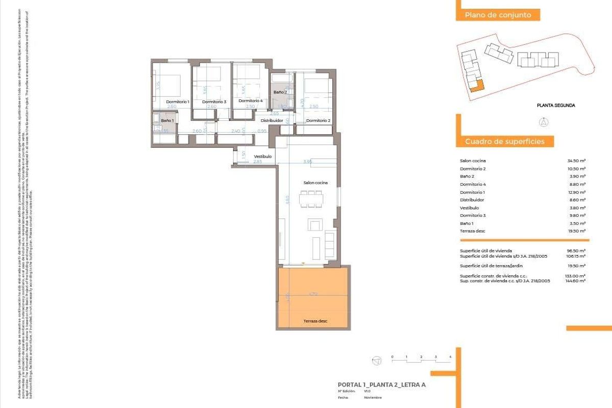 Plattegrond met de indeling van een 4-slaapkamer appartement in Mijas, Costa del Sol.