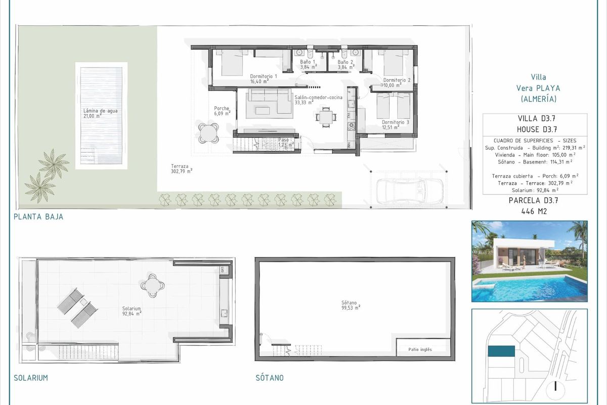 Plattegrond van een 3-slaapkamer villa in Vera, Costa de Almeria, met indeling en ruim ontwerp.