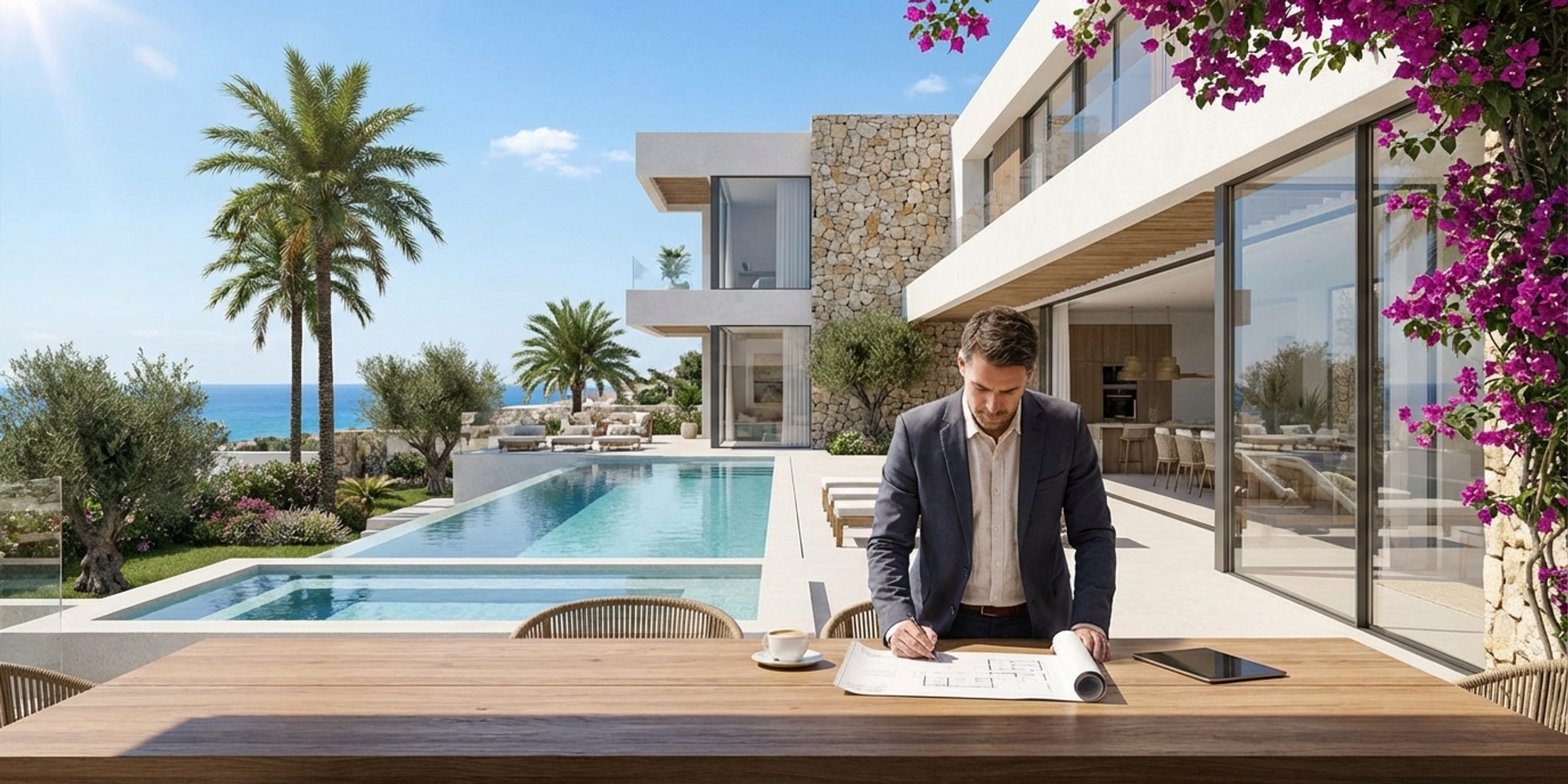 Een moderne luxe villa aan de Costa Blanca met op de voorgrond een advocaat die bouwtekeningen bekijkt