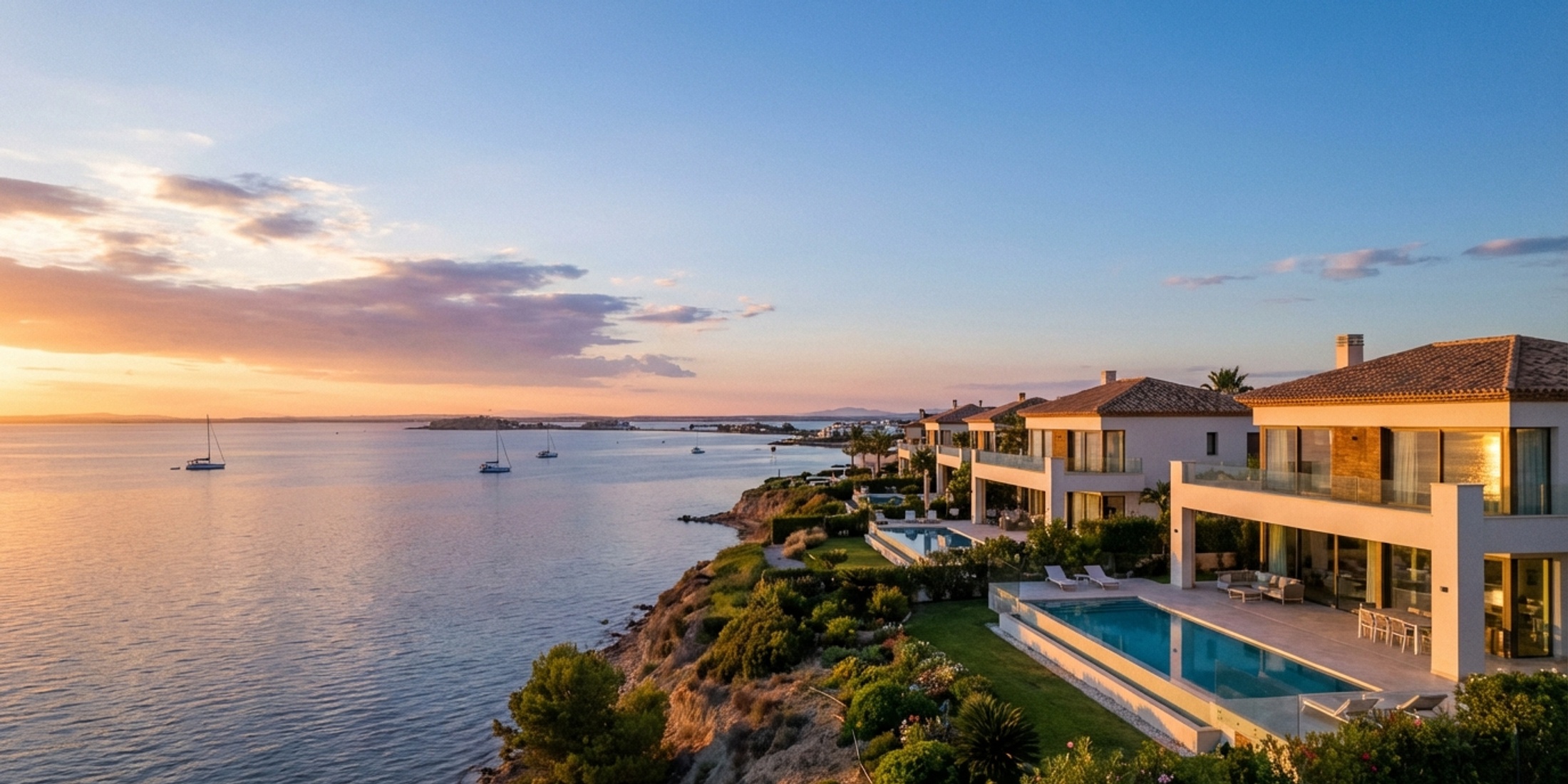 Panoramisch uitzicht op de kustlijn van Mar Menor bij zonsondergang