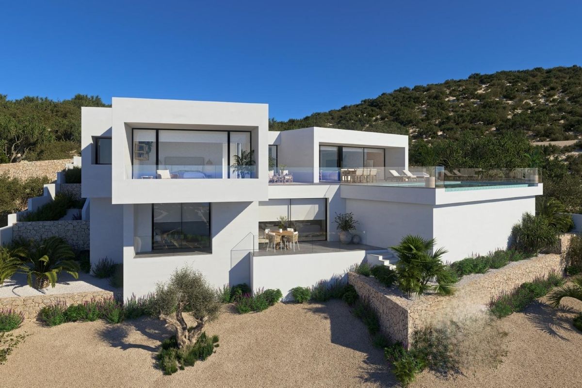 Moderne villa-exterieur met zwembad en aangelegde tuin in Benitachell, Costa Blanca, omringd door natuur.