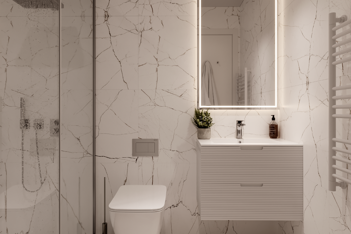 Een ander uitzicht op de moderne badkamer, met elegante afwerking en douche ruimte in Finestrat.