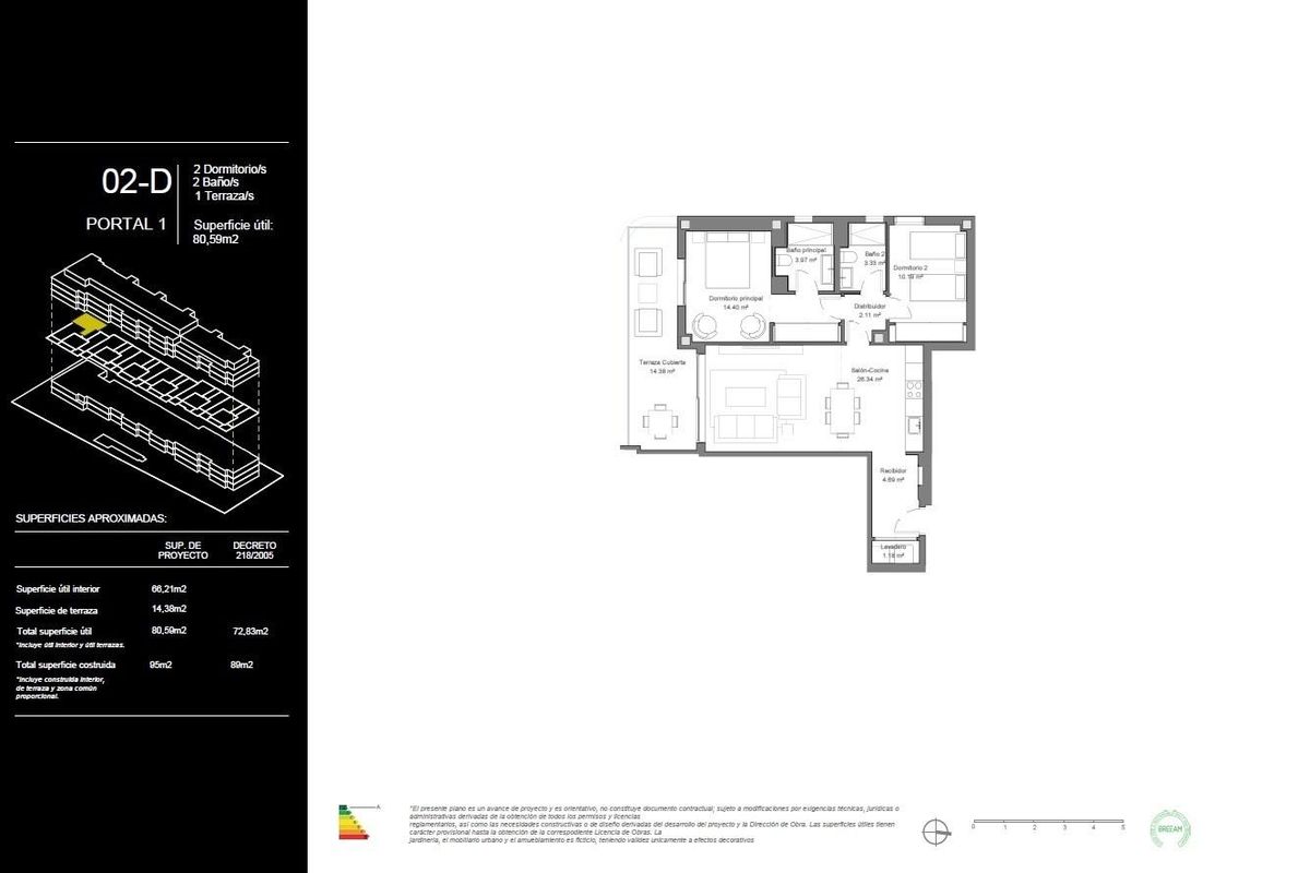 Plattegrond van een 2-slaapkamer appartement in Torremolinos, toont indeling en voorzieningen.