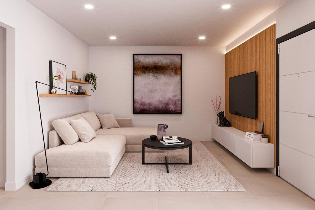 Gezellige woonkamer in een 2-slaapkamer bungalow in Fuente Álamo, met minimalistische decoratie en modern meubilair.