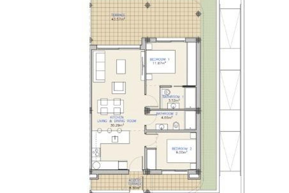 Plattegrond van een 2-slaapkamer appartement in Los Alcazares, met zicht op woon- en toegangsruimtes.