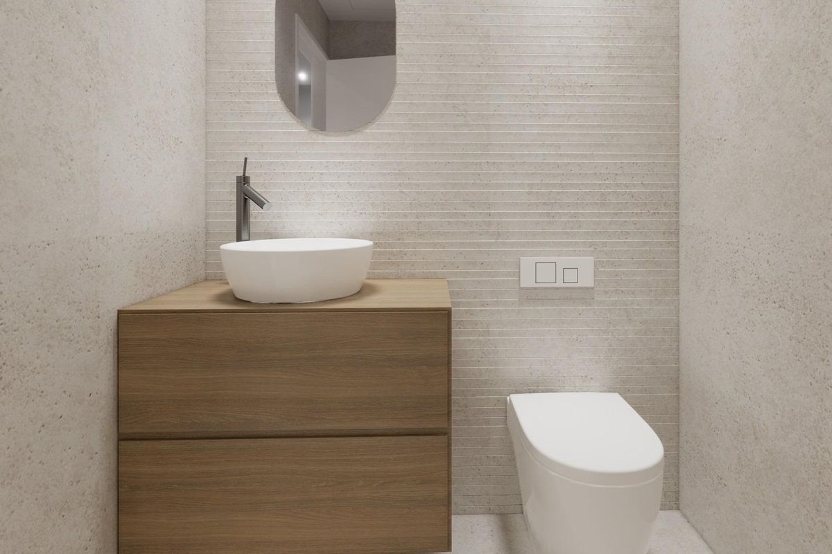 Strakke badkamer uitgerust met moderne voorzieningen, onderdeel van een hedendaags huis in Dolores, Costa Blanca Zuid.