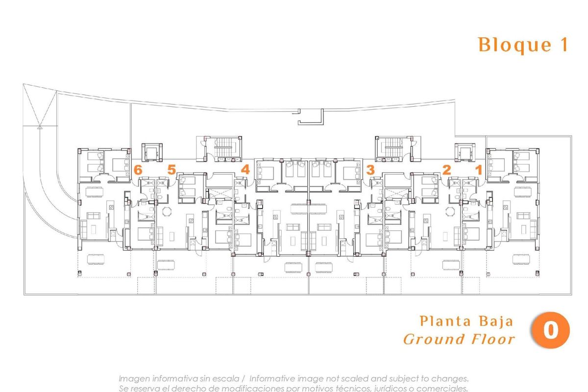 Plattegrond van de begane grond van het appartementencomplex in San Miguel de Salinas, Costa Blanca Zuid.