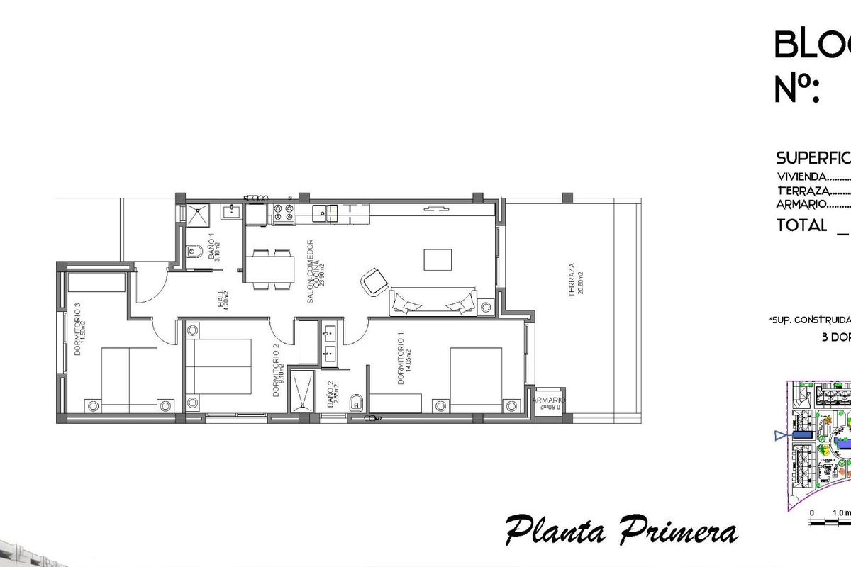 Plattegrond van het 3-slaapkamer appartement in Guardamar del Segura, met layout en kamercspecificaties.