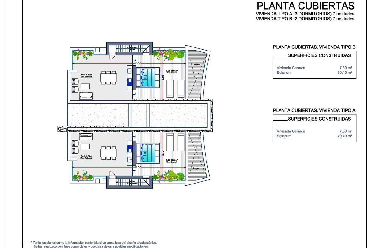 Dakenplan van de indeling van het penthouse in La Manga Club, met illustraties van privé-solarium en terrassen.