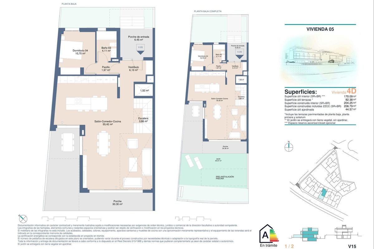 Plattegrond van een 4-slaapkamer townhouse in San Juan Alicante, met indeling van woonruimtes en slaapkamers.