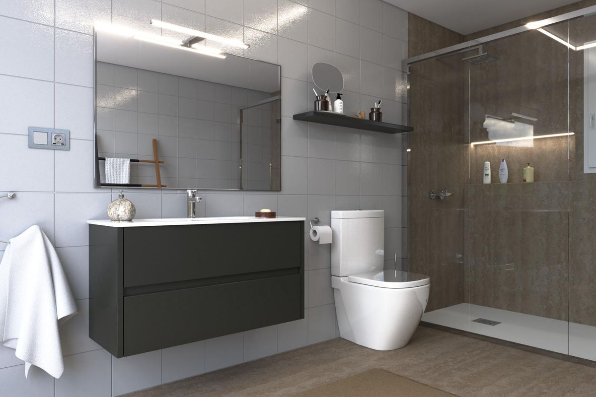 Moderne badkamer in een villa in Los Belones, met een strakke ontwerp en eigentijdse accessoires.