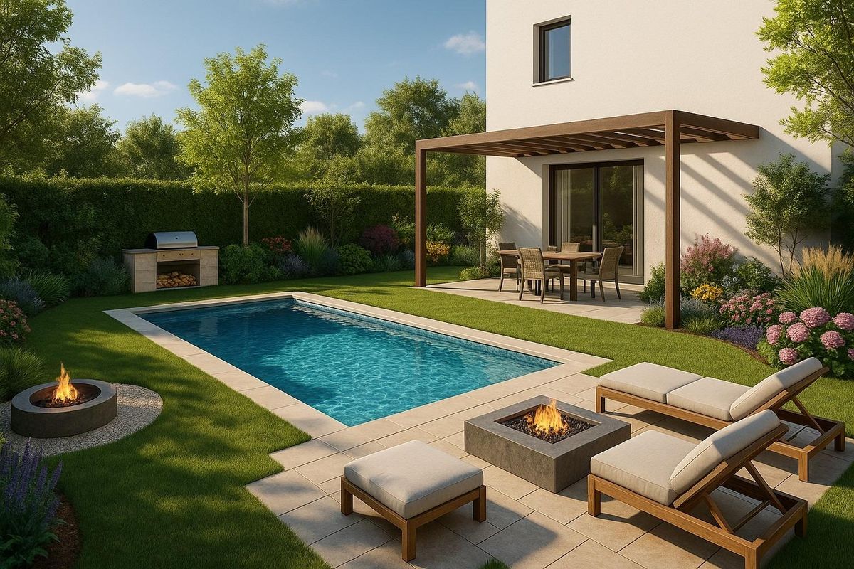 Zonnig zwembad en terras met vuurkorven bij herenhuis in Mijas, Spanje. Buiten dineren en grill.