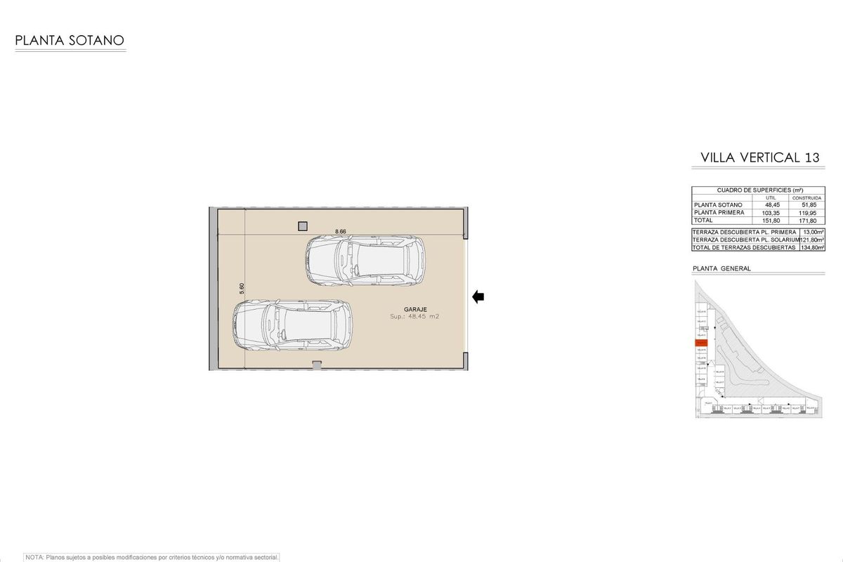 De kelderplattegrond van een bungalow in San Juan de los Terreros, met twee parkeerplaatsen en indelingsdetails.