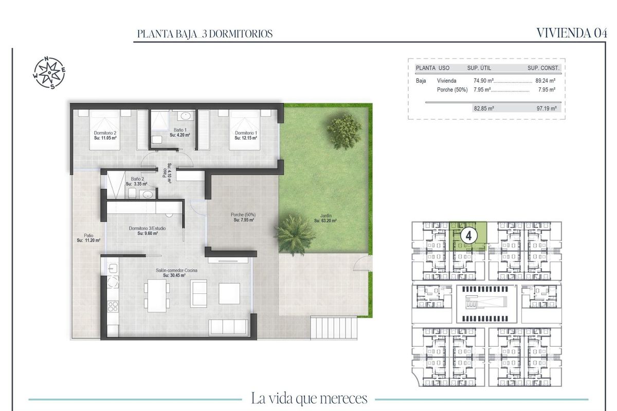 Floor plan for a 3-bedroom ground floor apartment in Alhama De Murcia, showing layout and garden.