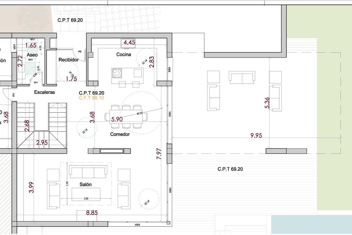 Gedetailleerde plattegrond van een 4-slaapkamer villa in Jávea Xàbia, met indeling en afmetingen van de kamers.