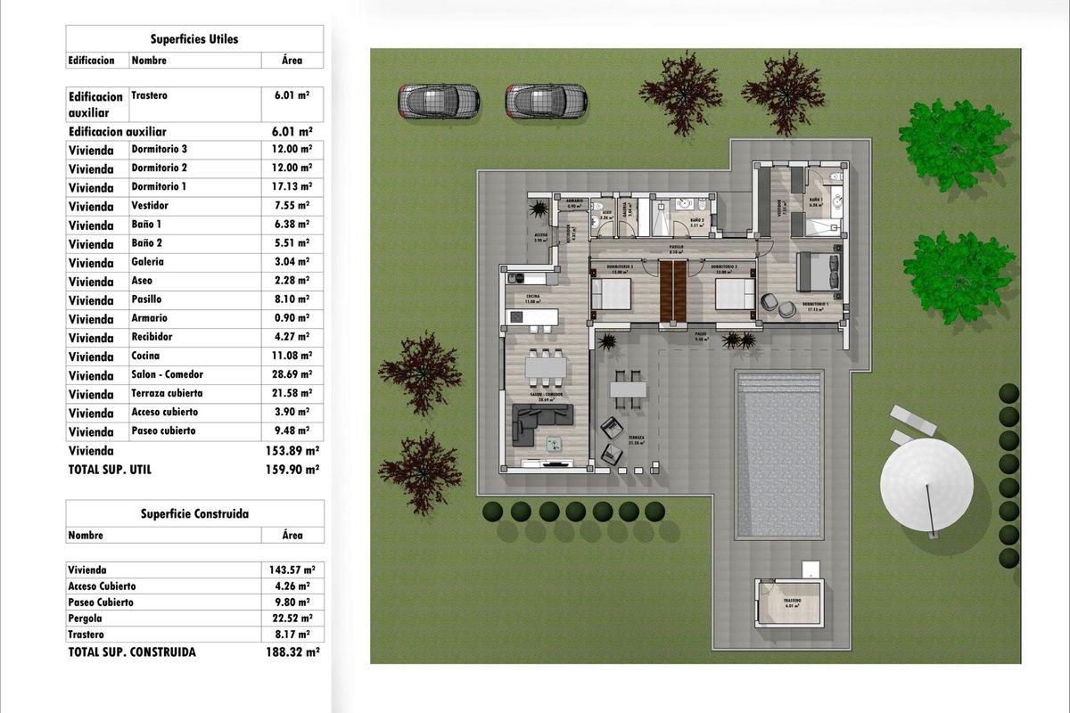 Gedetailleerd plattegrond van een 3-slaapkamer villa in Aspe, met woonruimtes, slaapkamers en buitenruimtes.