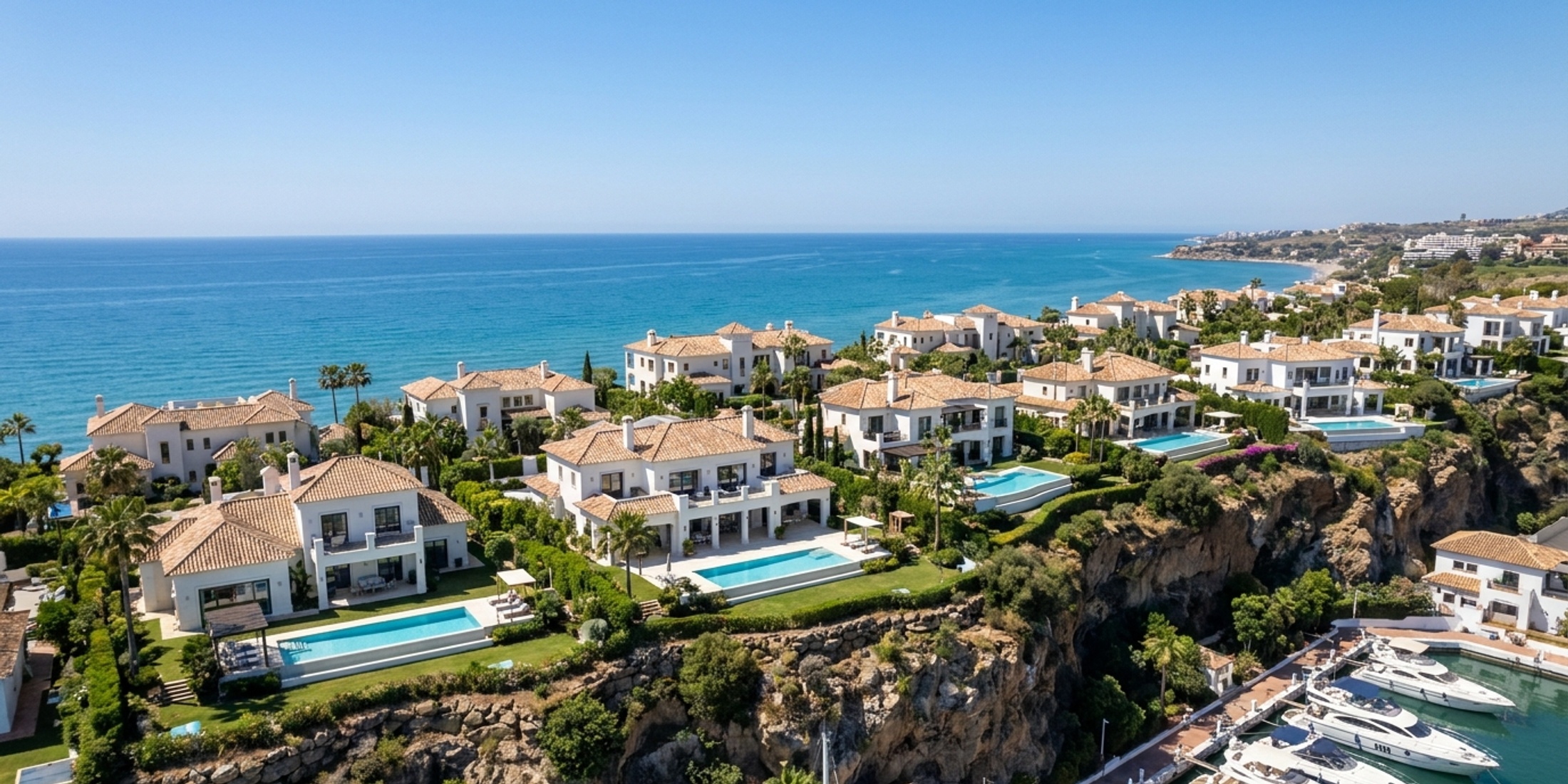 Légi felvétel a Costa del Sol partvidékének luxusingatlanairól