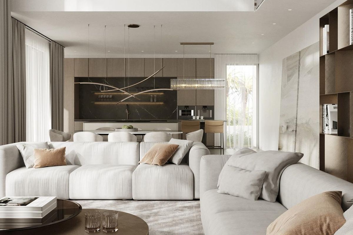 Stijlvolle woonkamer van de villa in Marbella, met een eigentijds ontwerp en eetruimte.