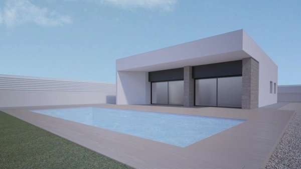Moderne 3-slaapkamer villa buitenkant met zwembad in Aspe, Costa Blanca Zuid, tegen een heldere blauwe lucht.