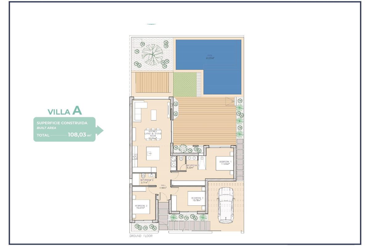 Plattegrond van een 3-slaapkamer villa in Los Alcazares, met zwembad en tuin.