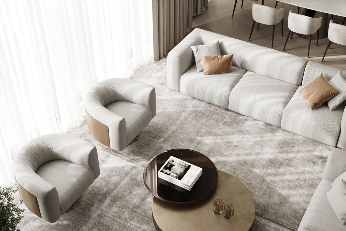 Luxueus uitzicht op de woonkamer in de villa in Marbella, met moderne meubels en veel natuurlijk licht.