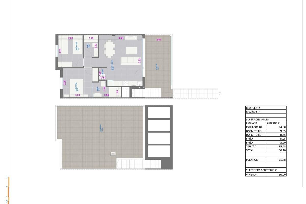 Gedetailleerde plattegrond van een moderne 2-slaapkamer bungalow in Pilar de La Horadada, Costa Blanca Zuid, ideaal voor planning.