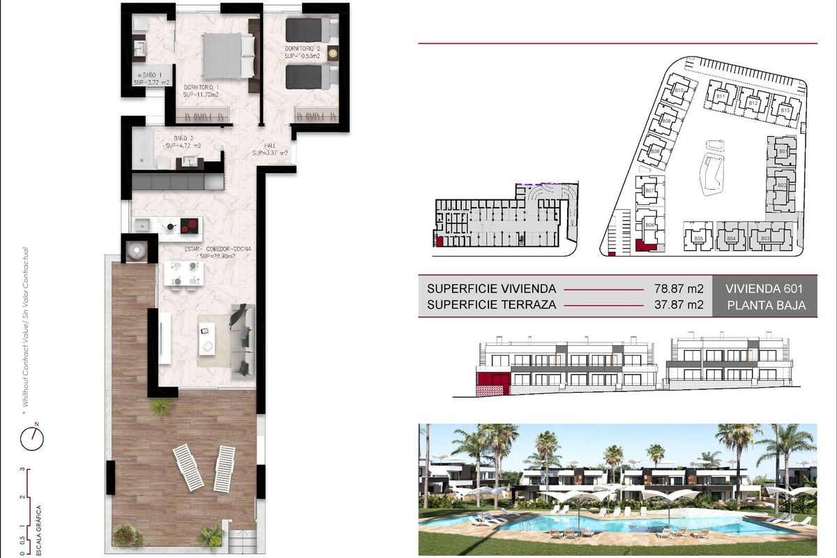 Plattegrond van een 2-slaapkamer appartement op de begane grond met terras, gelegen in Ciudad Quesada.
