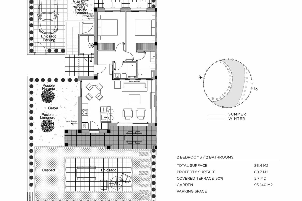 Plattegrond van een 2-slaapkamer appartement in Rojales, met indeling en afmetingen van de woonruimten.
