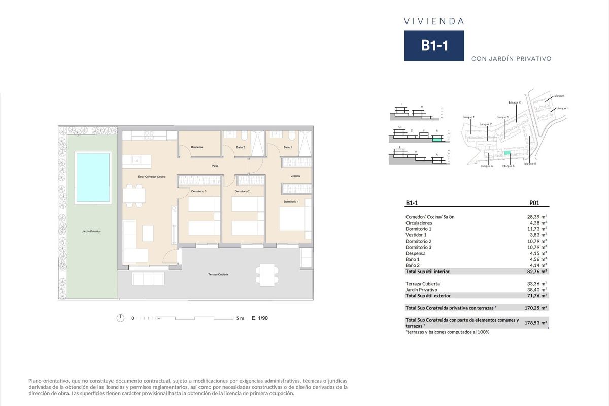 Plattegrond van een 3-slaapkamer appartement op de begane grond in Alfas del Pi, met een privétuin en zwembad.