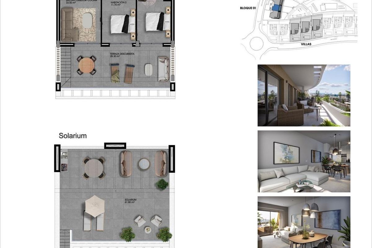 Gedetailleerde plattegrond die de indeling van een 2-slaapkamer penthouse met solarium in Finestrat toont.