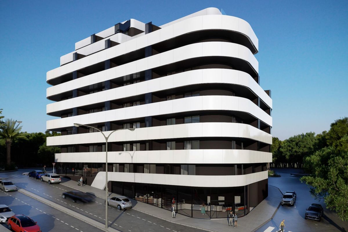 Moderne buitenkant van een 1-slaapkamer appartementengebouw in Calpe, Costa Blanca Noord, Spanje.