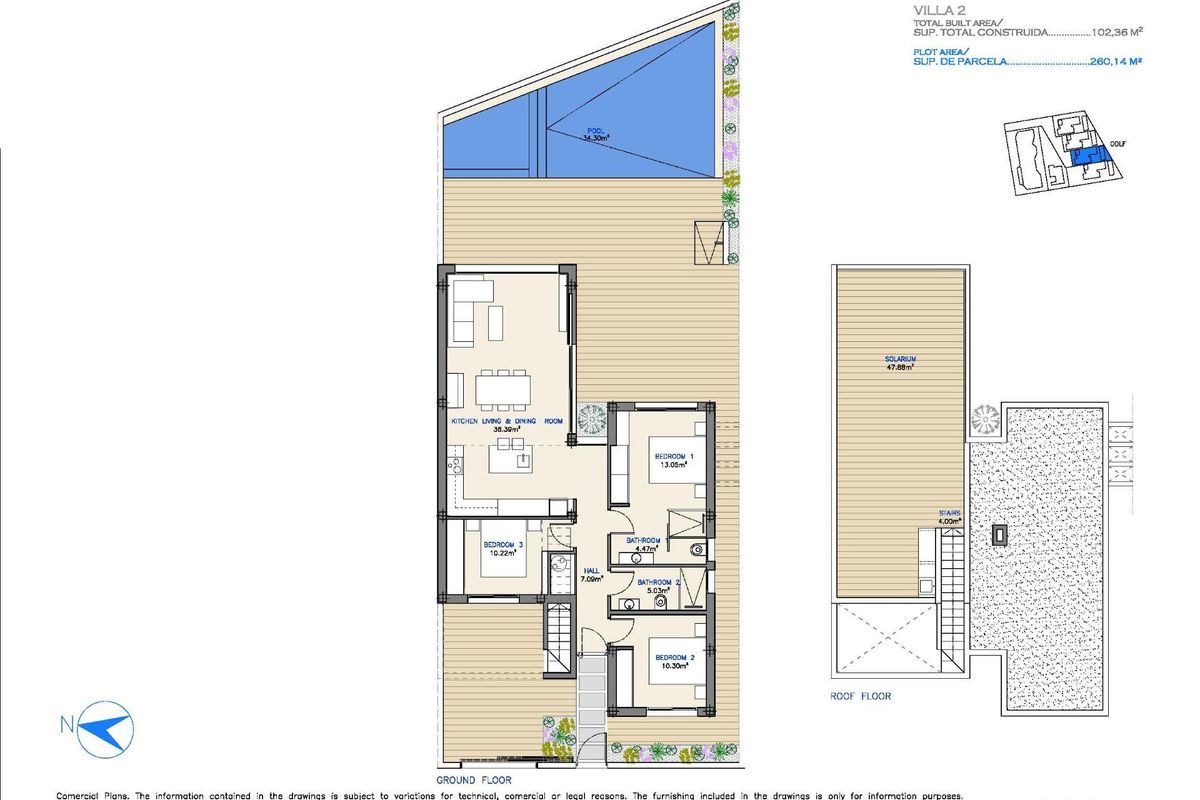 Plattegrond van een 3-slaapkamer villa in Los Alcazares, met de indeling en afmetingen van elke kamer.