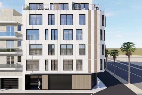 Moderne 1-slaapkamer appartement gevel, toont stijlvol ontwerp in Torrevieja, Costa Blanca Zuid.