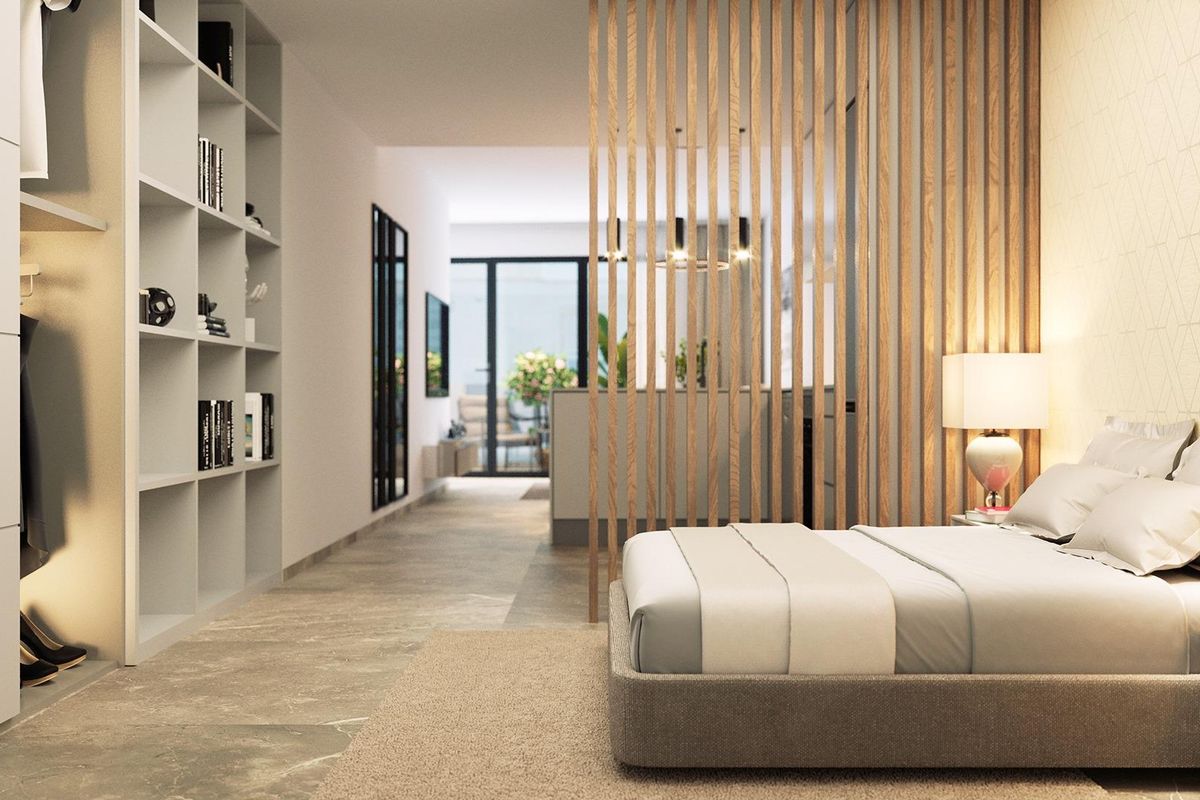 Stijlvolle slaapkamer in een 1-slaapkamer appartement op de begane grond in Torrevieja, ontworpen voor comfort.