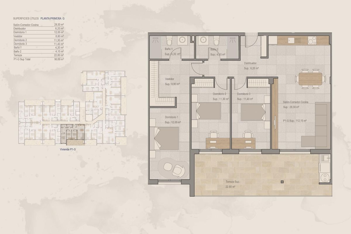 Plattegrond van een 3-slaapkamer appartement in Torre Pacheco, met gedetailleerde indelingen en afmetingen.
