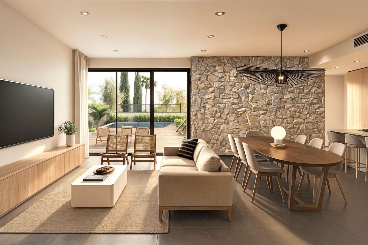 Stijlvolle woonkamer in een villa in Torre Pacheco, met een stenen accentmuur en veel natuurlijk licht.