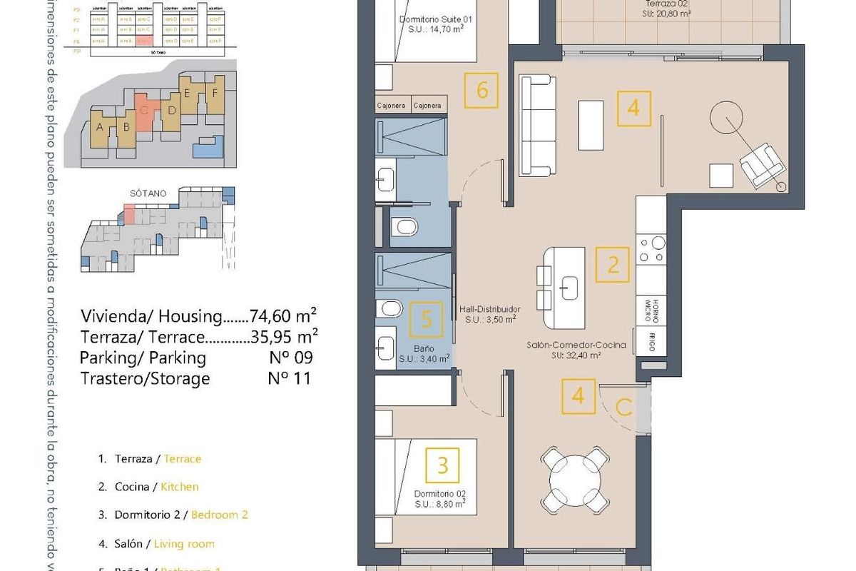 Plattegrond van een 3-slaapkamer appartement in Los Alcazares, met indeling en ruime ontwerp.