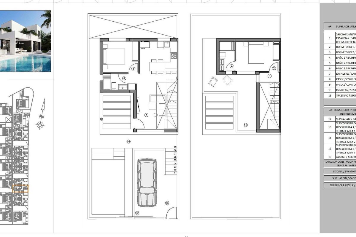 Plattegrond details voor townhouses, inclusief indeling van woonruimtes en garages in Finestrat, Costa Blanca.
