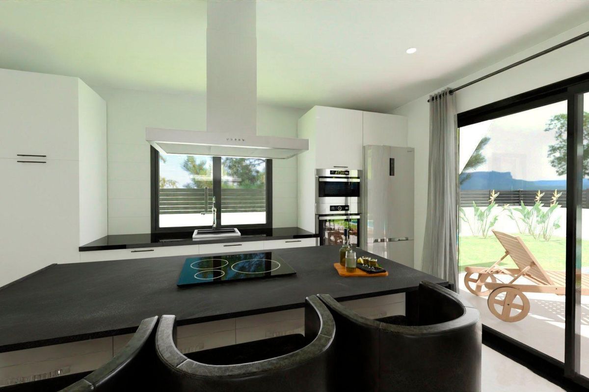 Stylish kitchen and dining area in a 3-bed villa showcasing contemporary design, Monforte del Cid, Spain.