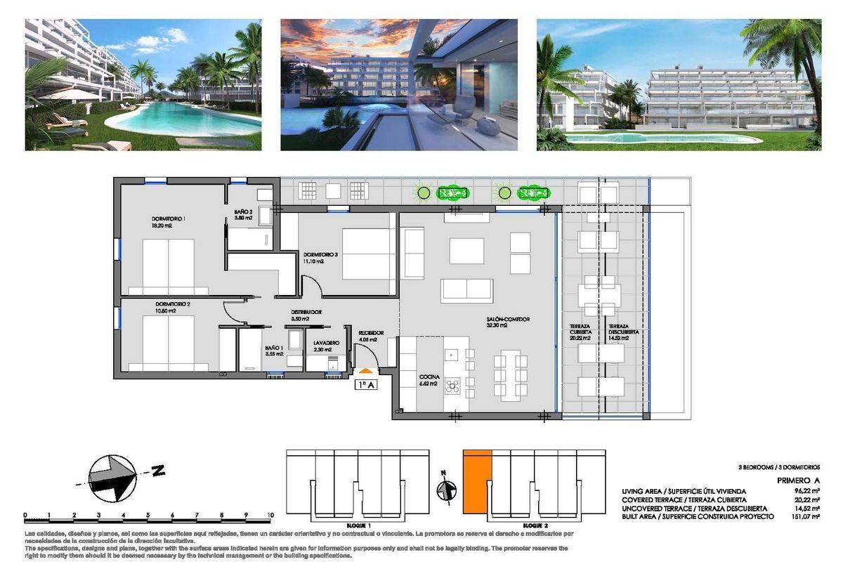 Plattegrond van een modern 3-slaapkamerappartement met woon- en buitenruimtes, ontworpen voor comfort in Cartagena.