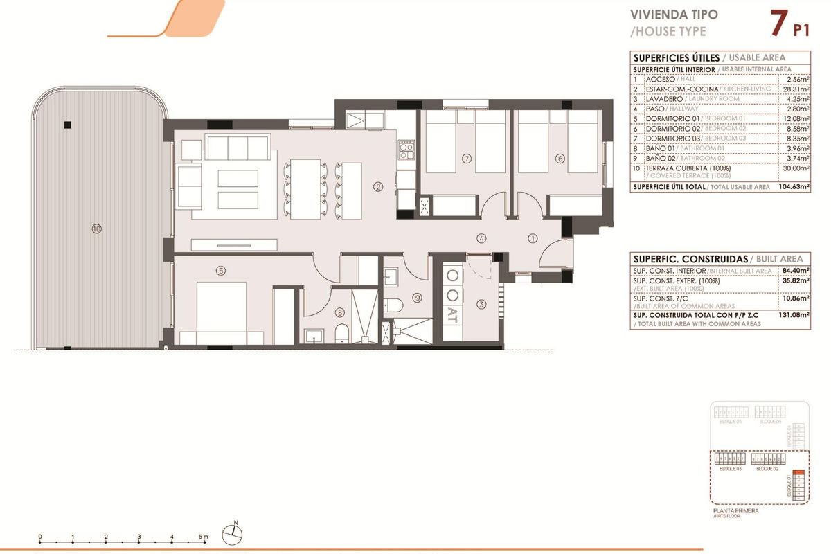 Gedetailleerde plattegrond van een 3-slaapkamer appartement, die de ruimte en indeling in Torrevieja toont.