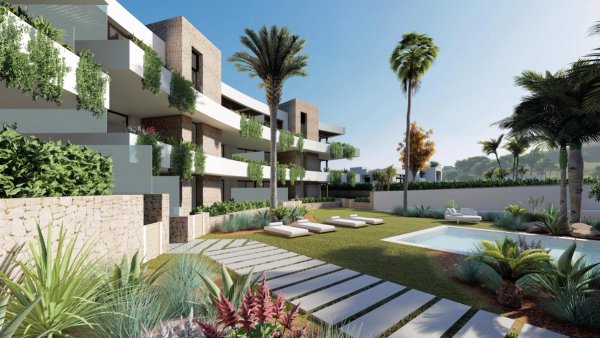 Exterior view of a modern penthouse with pool and landscaped garden in La Manga Club, Costa Calida.