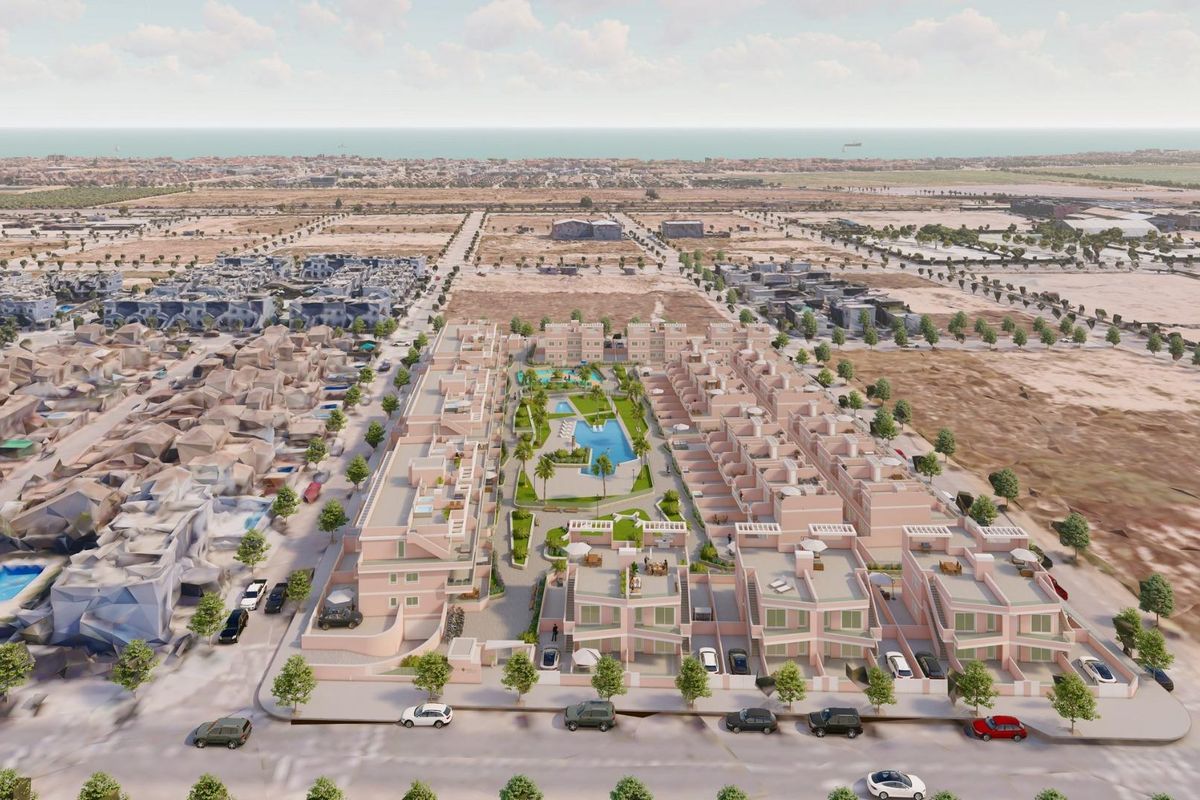 Luchtfoto van een wooncomplex met zwembad, met een 3-slaapkamer penthouse in Spanje.