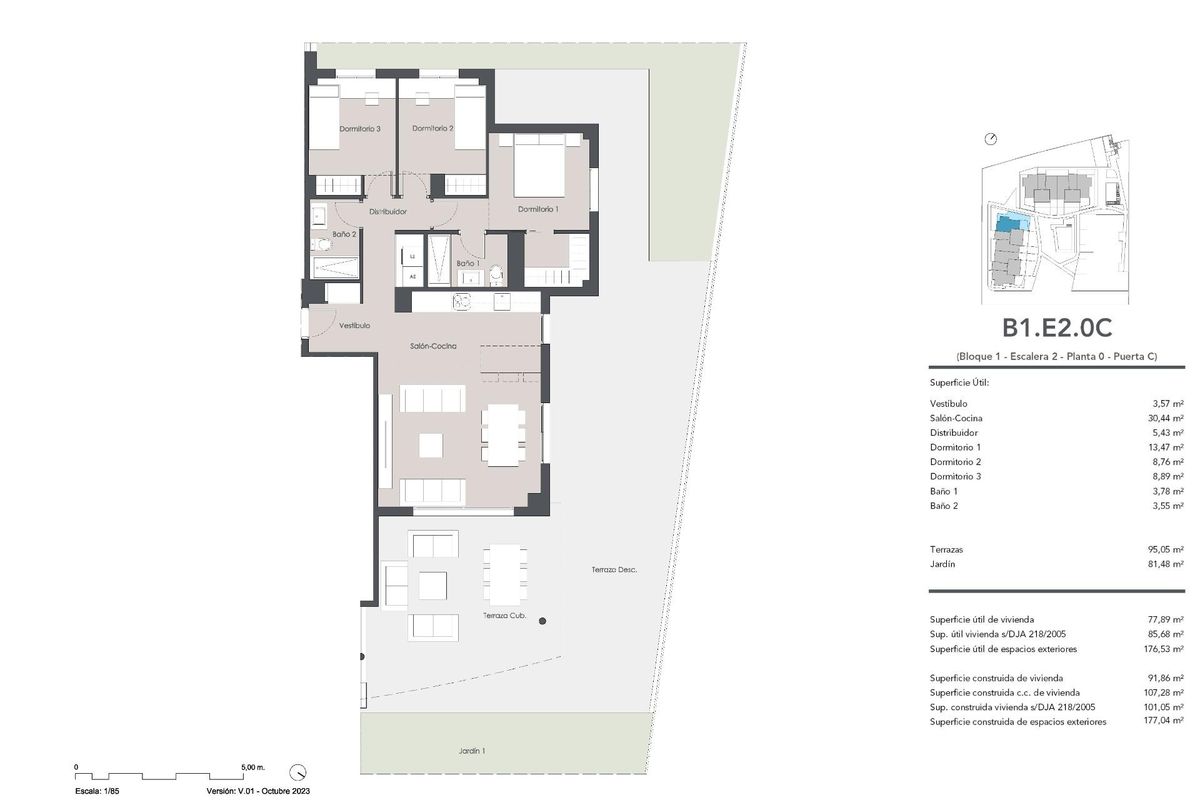 Plattegrond van een 3-slaapkamer appartement, met details van kamers en ruimtes, gelegen in Estepona, Costa del Sol.