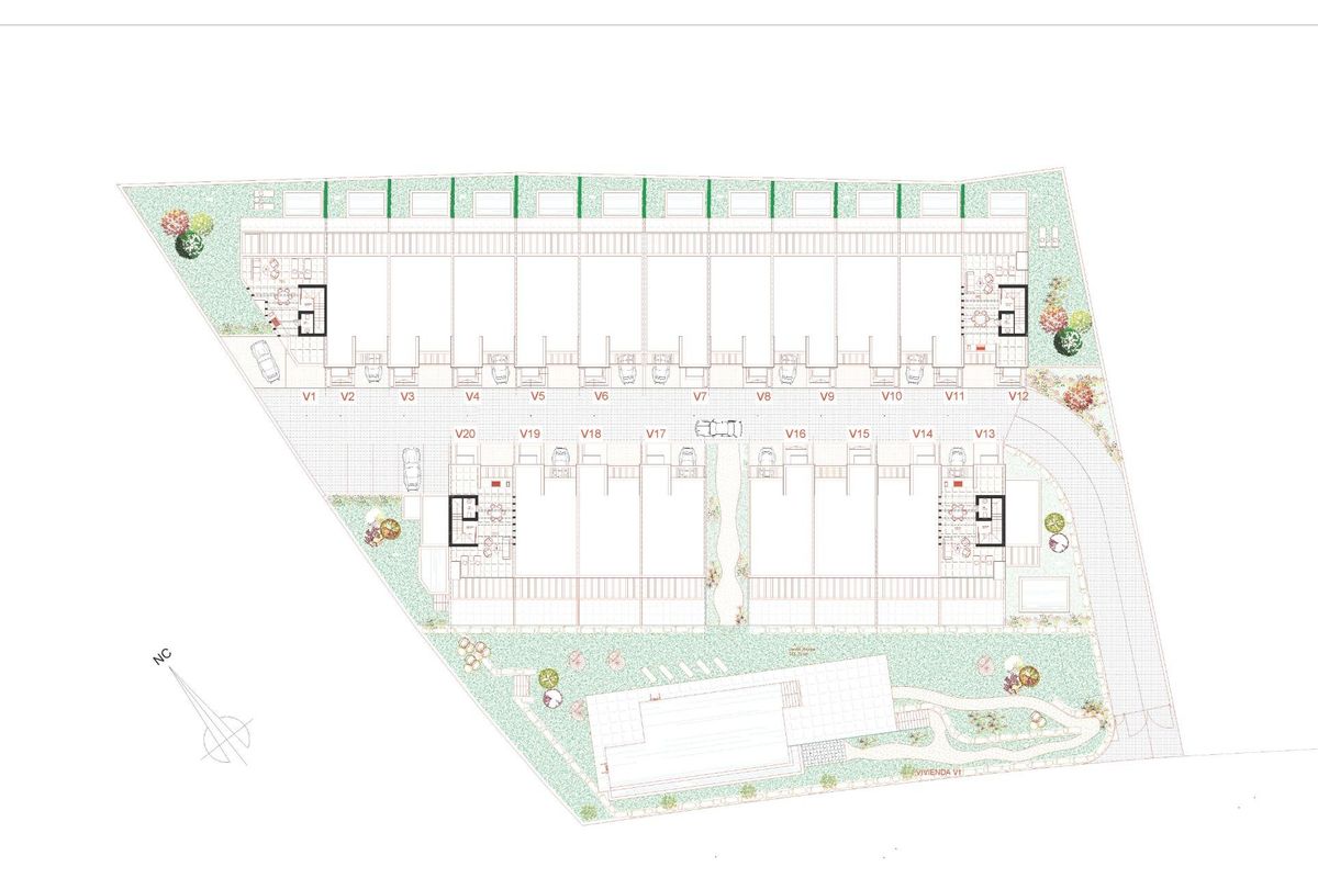 Plattegrond van het townhouse complex in Manilva, met een overzicht van de indeling en voorzieningen.