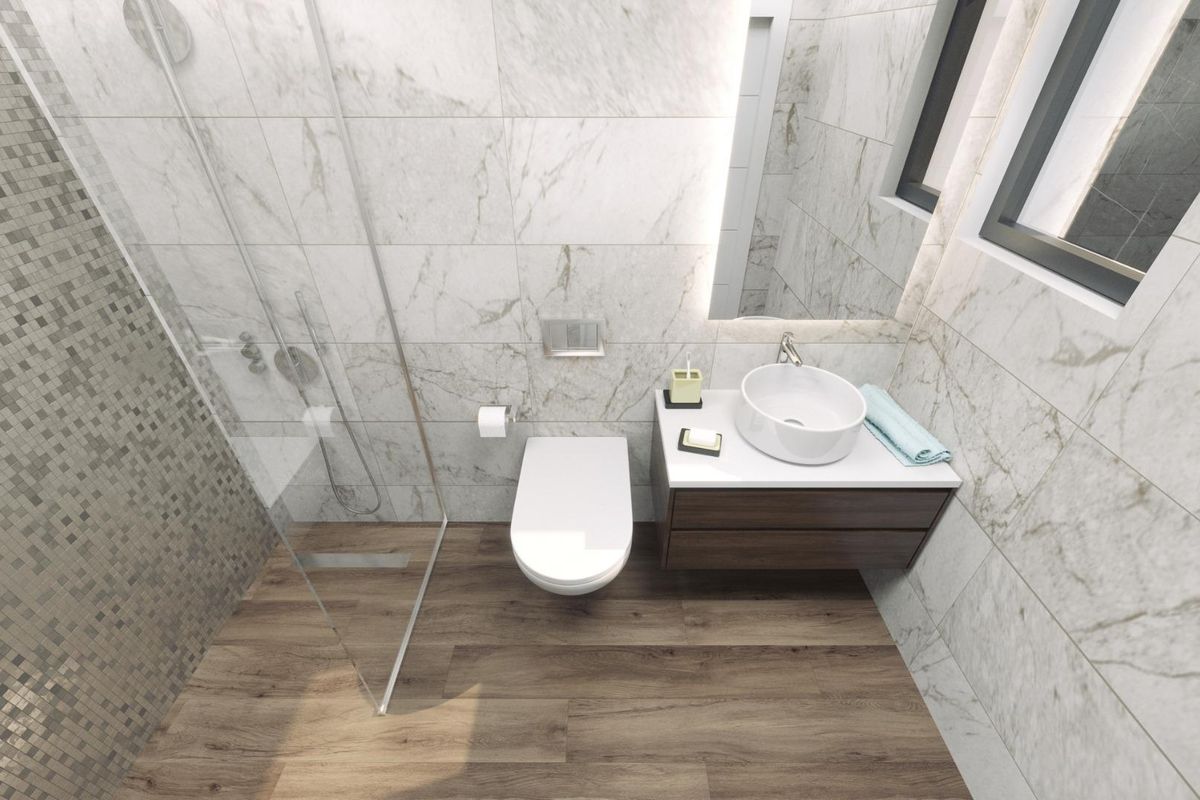 Hedendaagse badkamer met moderne voorzieningen en elegant ontwerp in een villa in Finestrat.