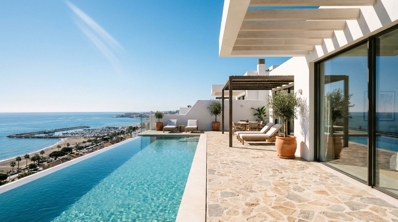 Panoramic sea view from a luxury apartment terrace in Fuengirola