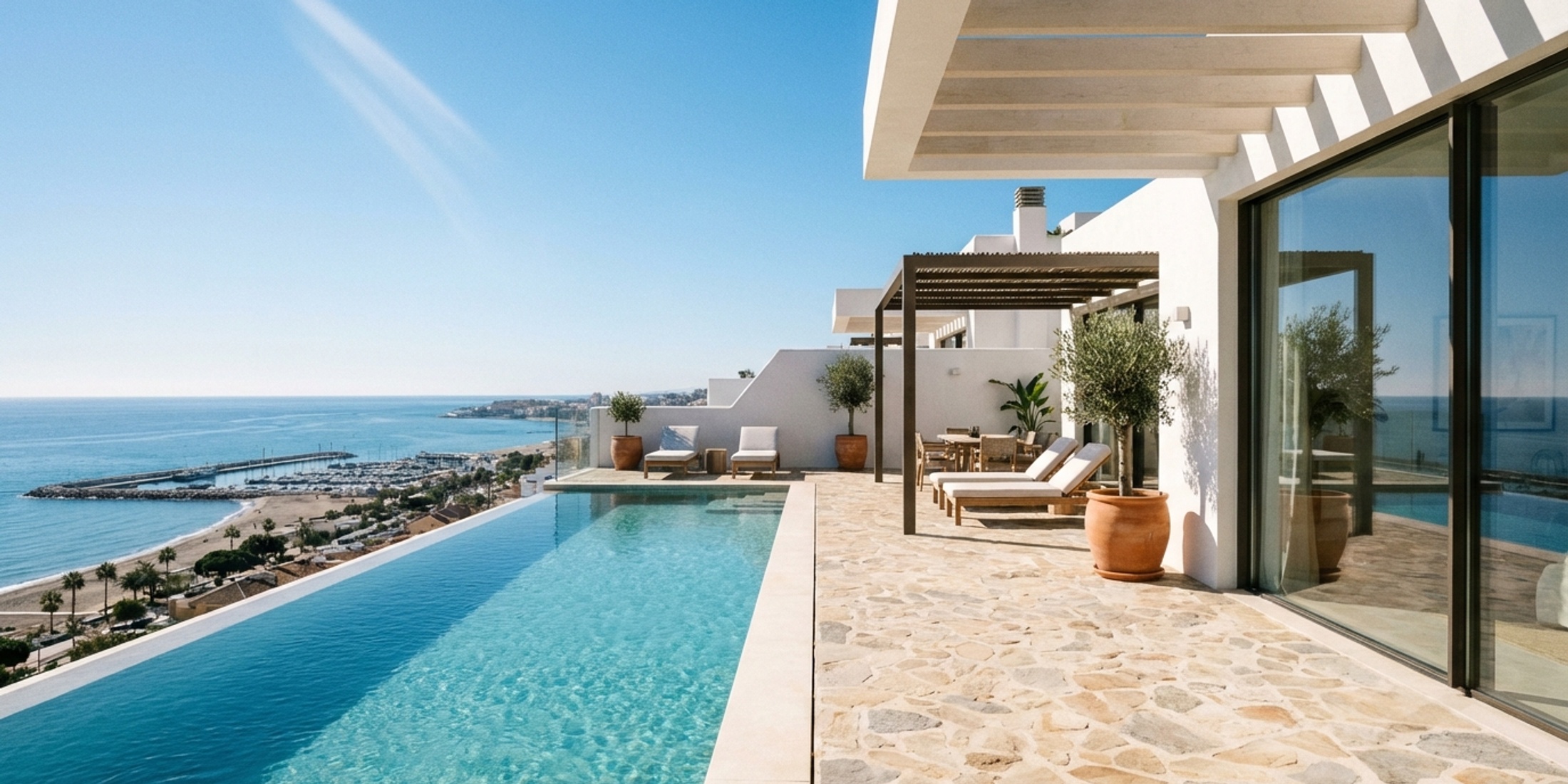 Panoramic sea view from a luxury apartment terrace in Fuengirola
