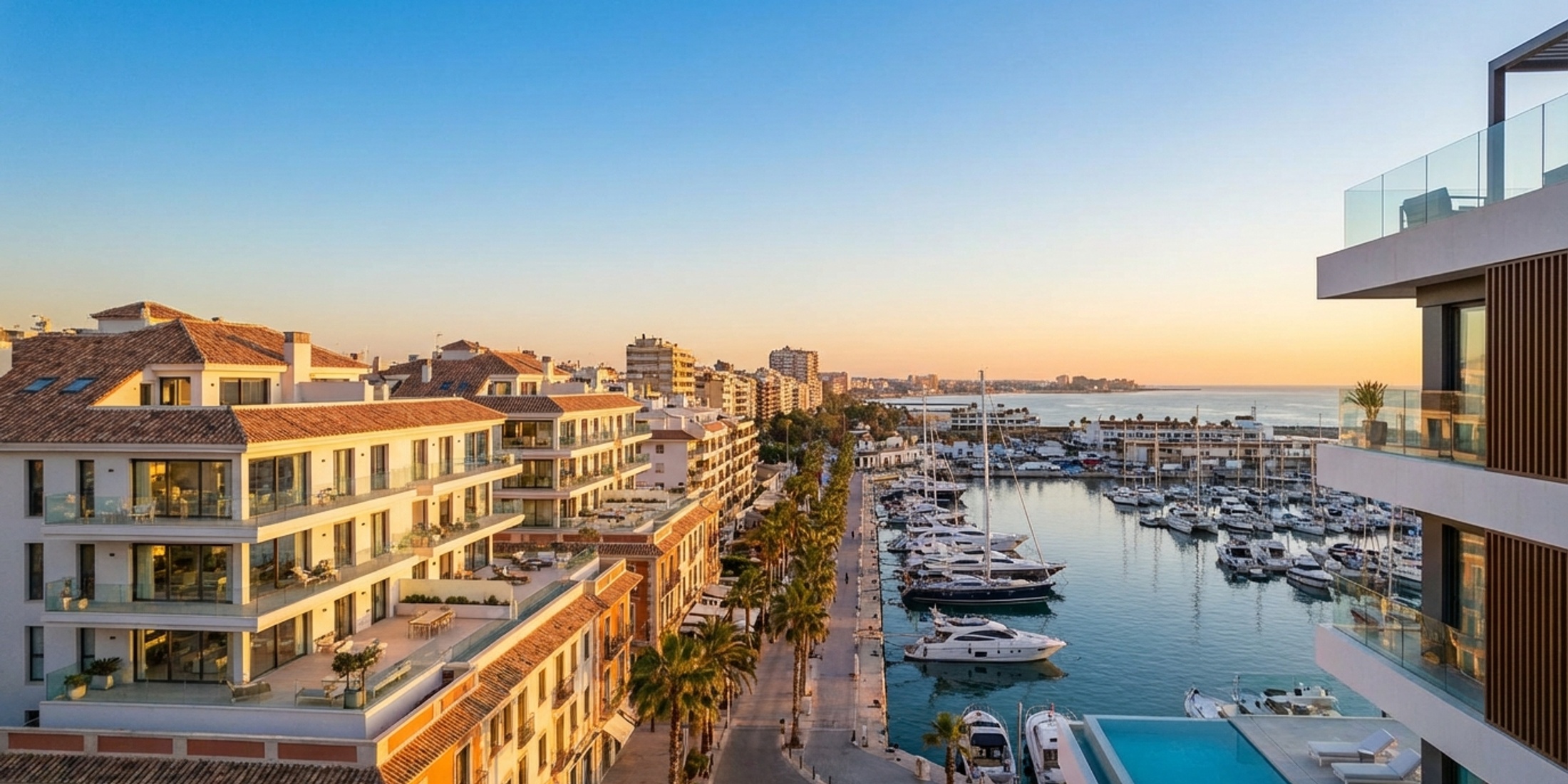 Panoramic view of Alicante city coastline and marina at sunset