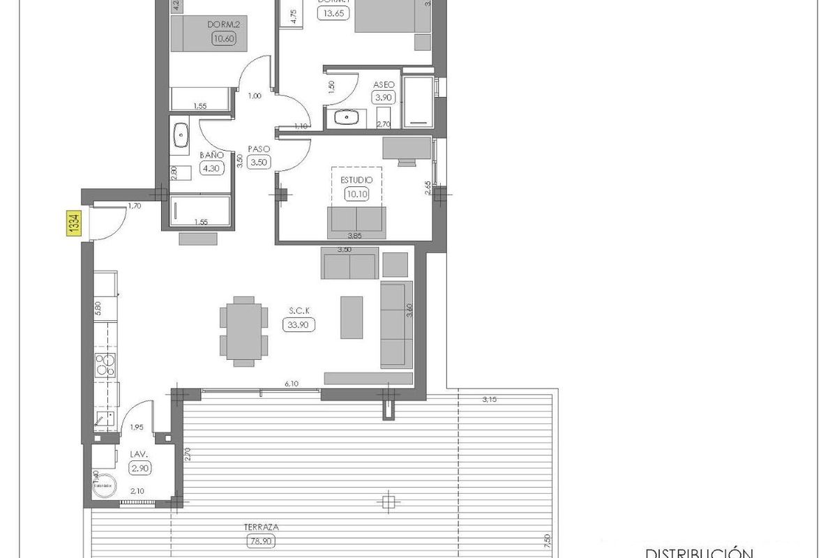 Gedetailleerde plattegrond van een 3-slaapkamer appartement op de begane grond, met indeling in Algorfa, Costa Blanca Zuid.